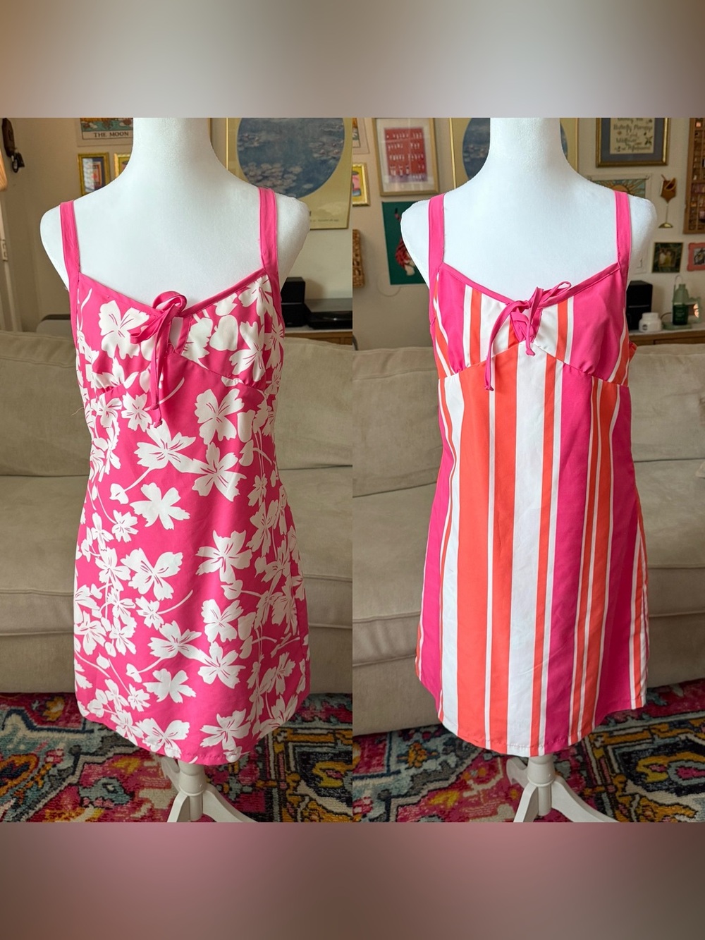 Reversible Y2K Hibiscus Striped Pink and Orange Mini Dress Large Vacation Dress